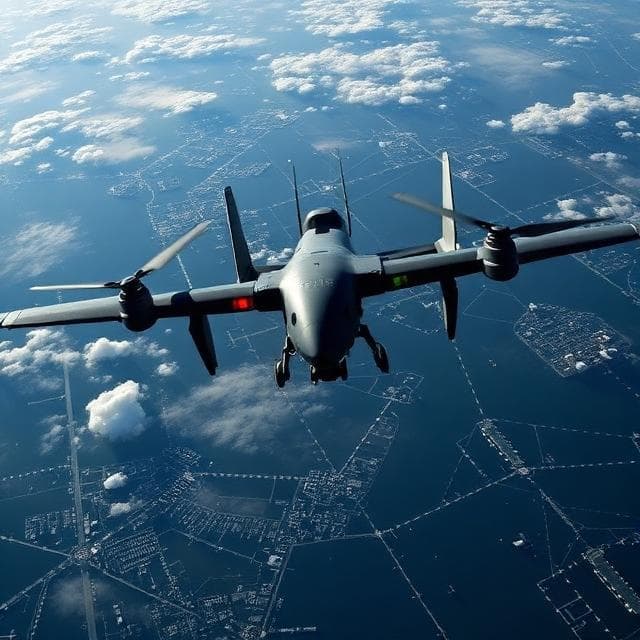 Defense drone flying above a cityscape